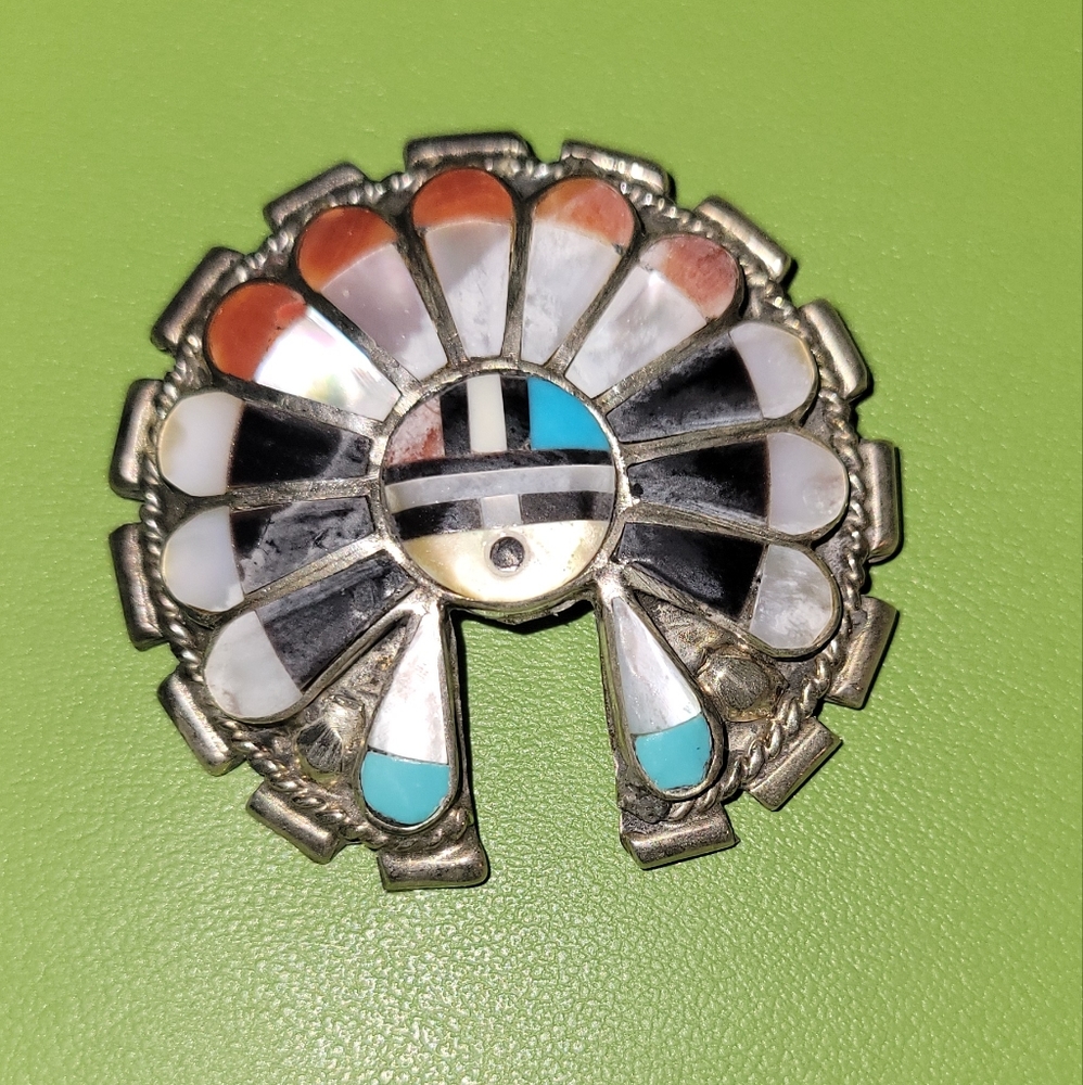 Vintage Zuni Dexter Eva Cellicion Zuni Turquoise Coral Silver Brooch Pendant